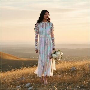 $3750 Temperley London Iridescent Rainbow Sequin Runway Midi Dress